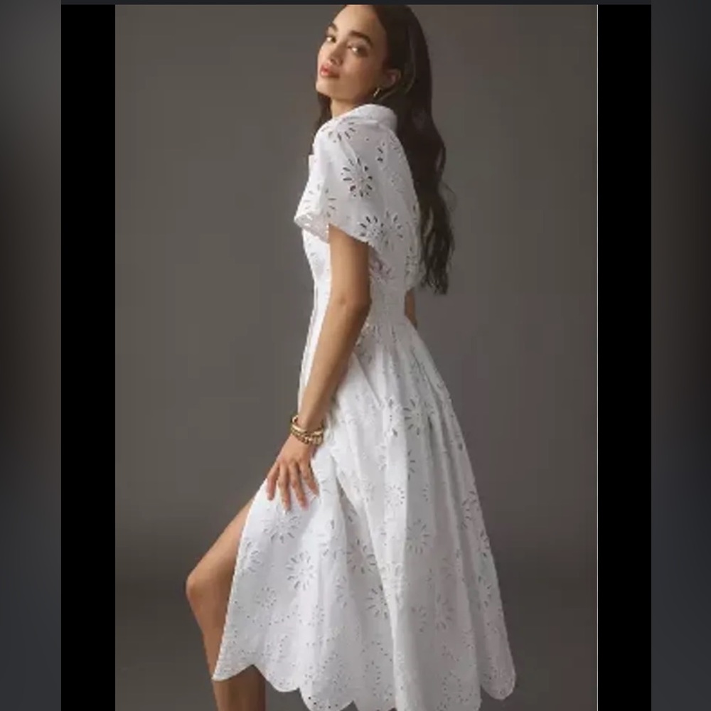 Maeve By Anthropologie Eyelet Shirt Dress White Summer Button Up Front - Picture 2 of 6